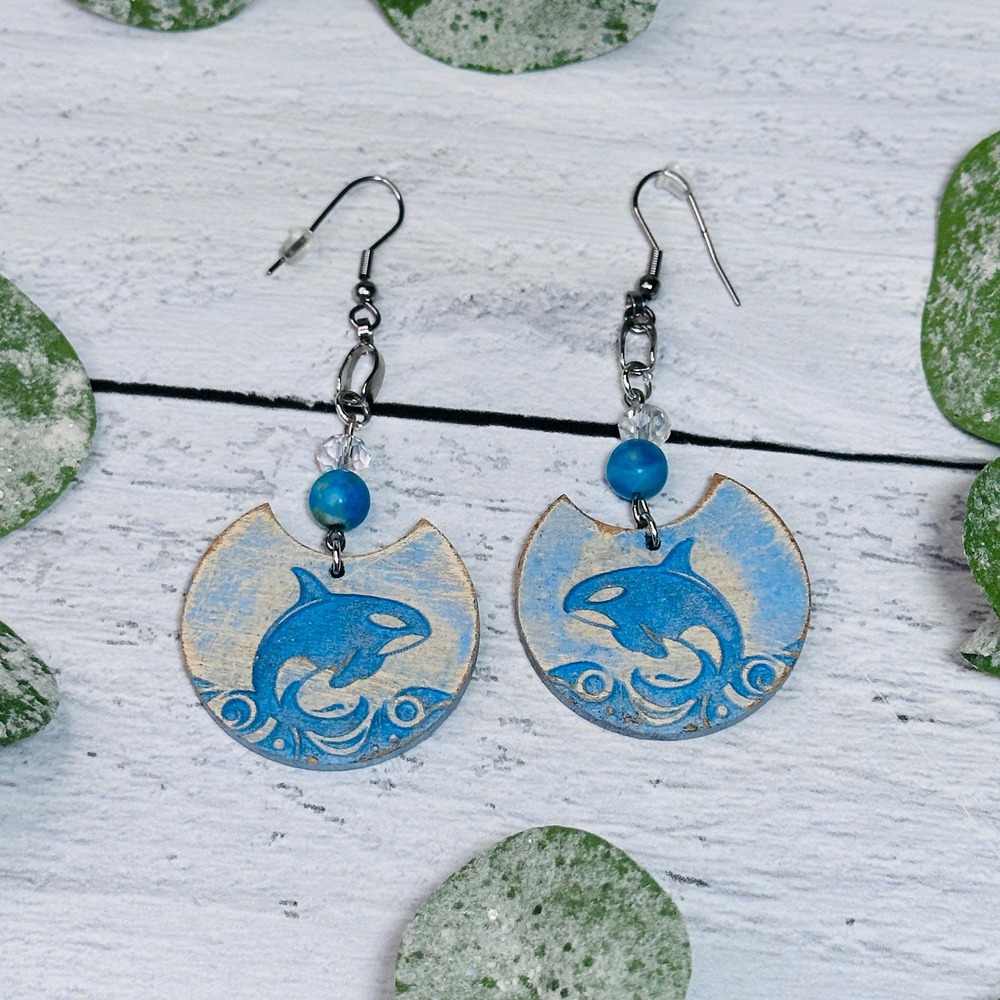 Orca Whale Ocean Wave Dangle Earrings Blue Wood Beach Coastal Handmade - Picture 2 of 7